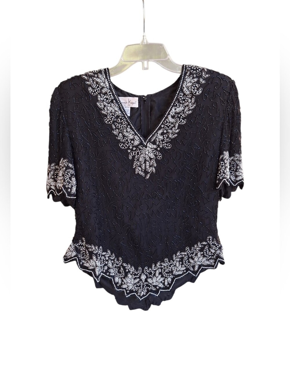 Laurence Kazar Silk Beaded Top Embellished V Neck Black Bling Old Money Women XL